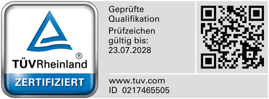 TÜV Rheinland zertifiziert, Prüfzeichen ID 0217465505, gültig bis 23.07.2028