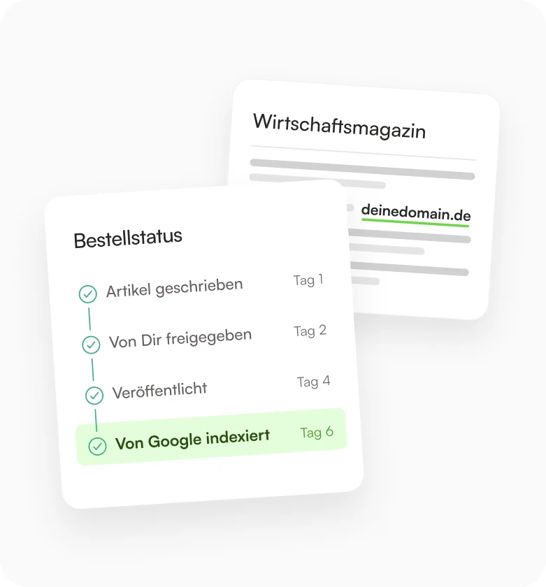 Bestellstatus: Artikel geschrieben, von Dir freigegeben, veröffentlicht und an Tag 6 von Google indexiert
