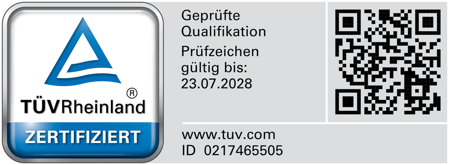 TÜV Rheinland zertifiziert, geprüfte Qualifikation